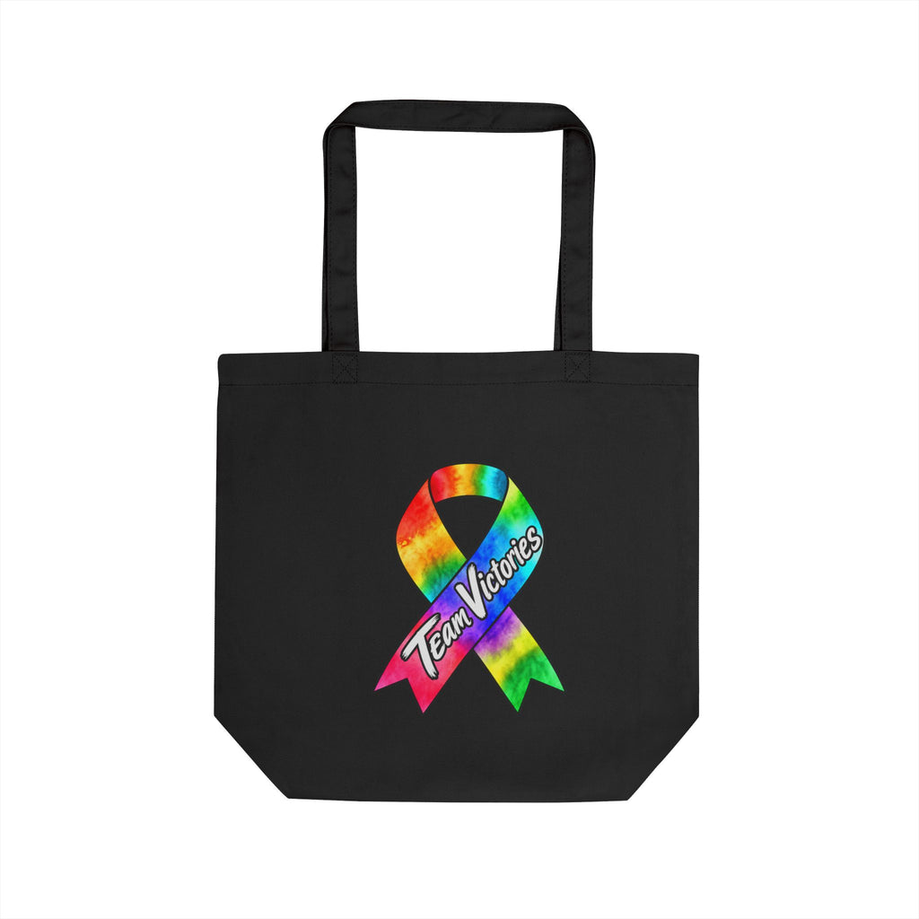 Black cotton tote bag featuring a colorful Team Victories awareness ribbon