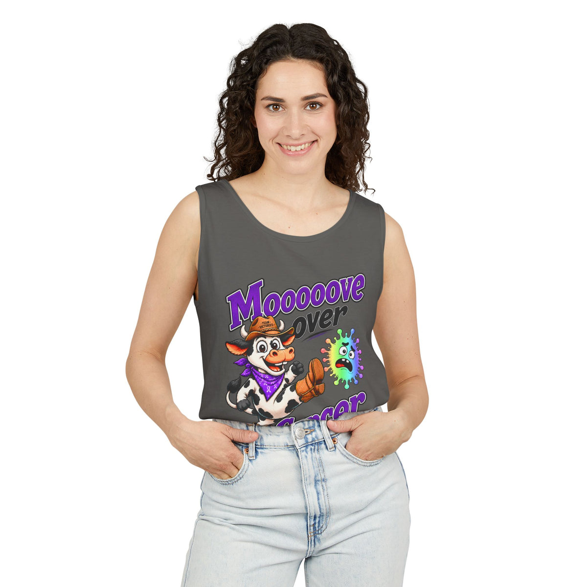 Man wearing gray Moooove Over Cancer tank top with all-cancer awareness ribbon