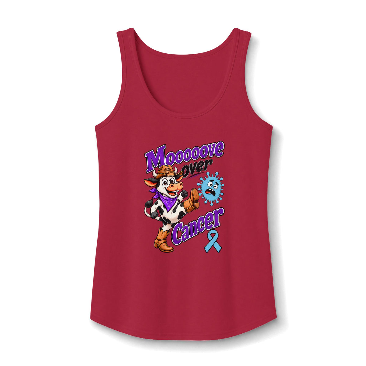 Moooove Over Cancer red tank top with a Prostate Cancer awareness ribbon