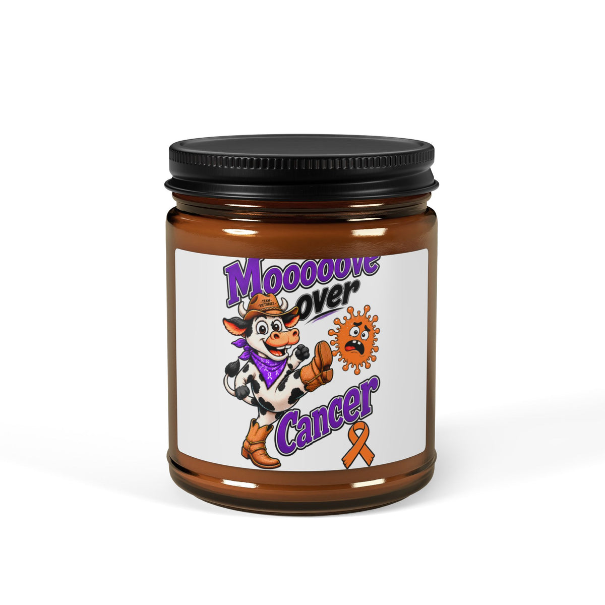 Close-up of Moooove Over Cancer Leukemia/Kidney Cancer awareness ribbon amber candle