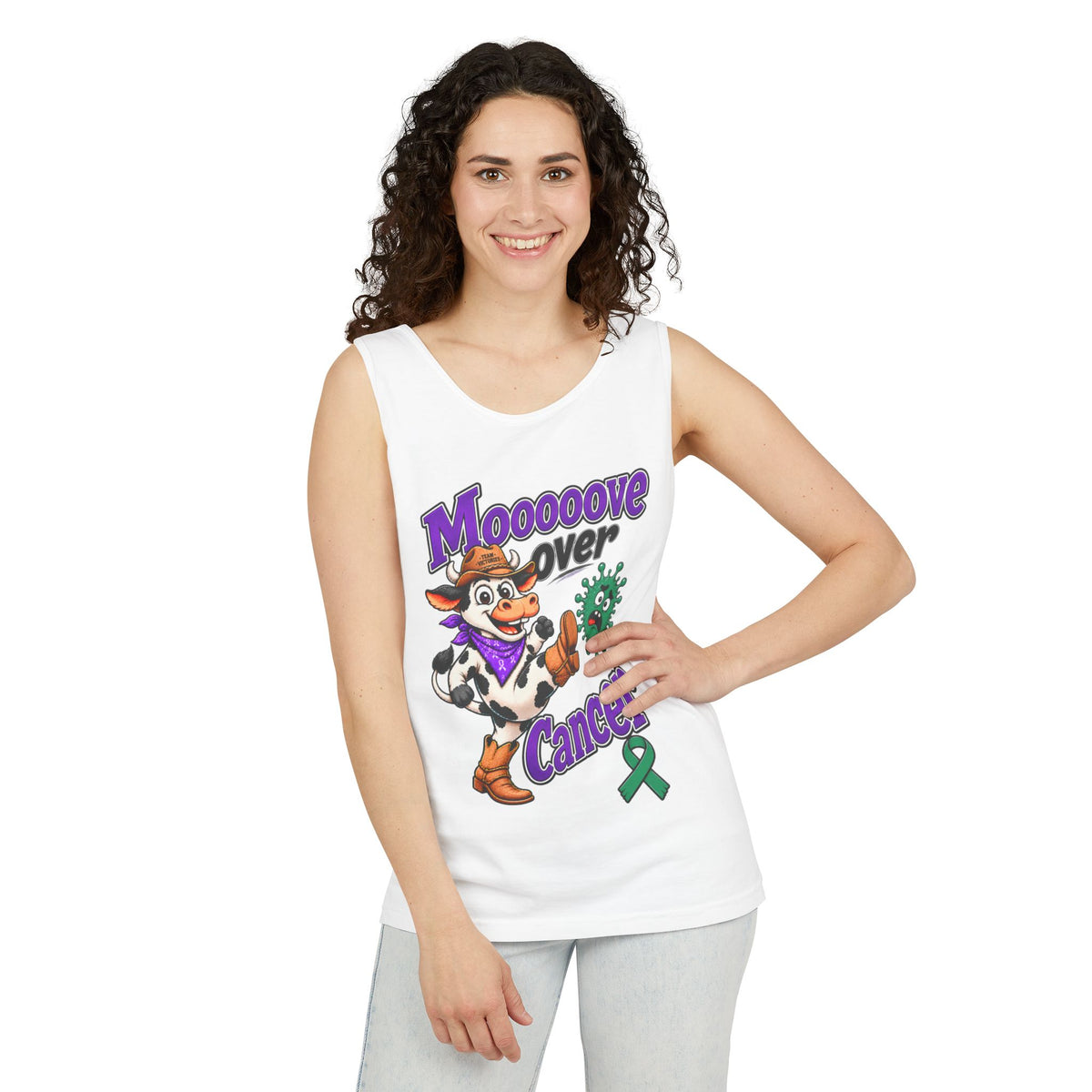 Woman modeling white Moooove Over Cancer tank top with Liver Cancer awareness ribbon
