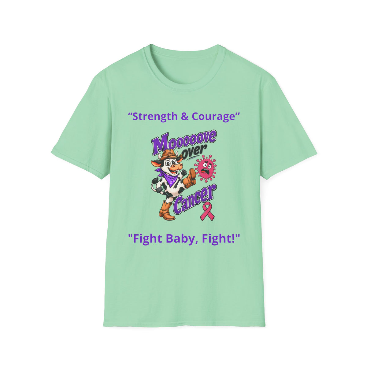 Moooove Over Cancer mint green T-shirt with purple artwork and Breast Cancer awareness ribbon