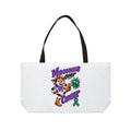 Moooove Over Cancer weekender tote with colorful cow artwork and green awareness ribbon