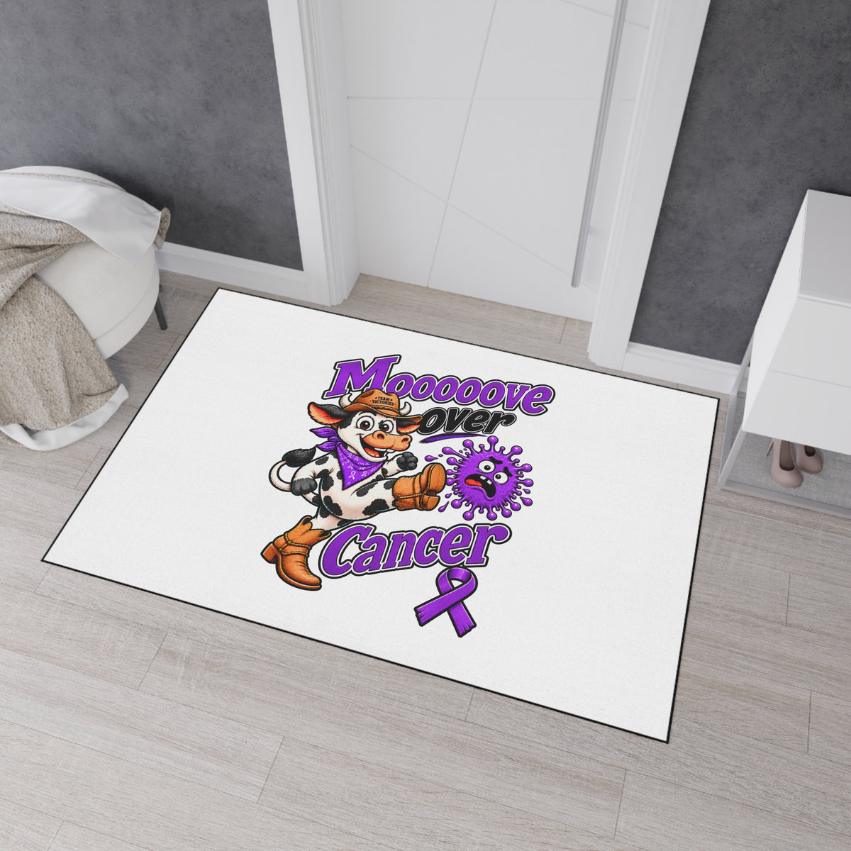 Moooove Over Cancer floor mat displayed near a bedroom door with cowgirl artwork