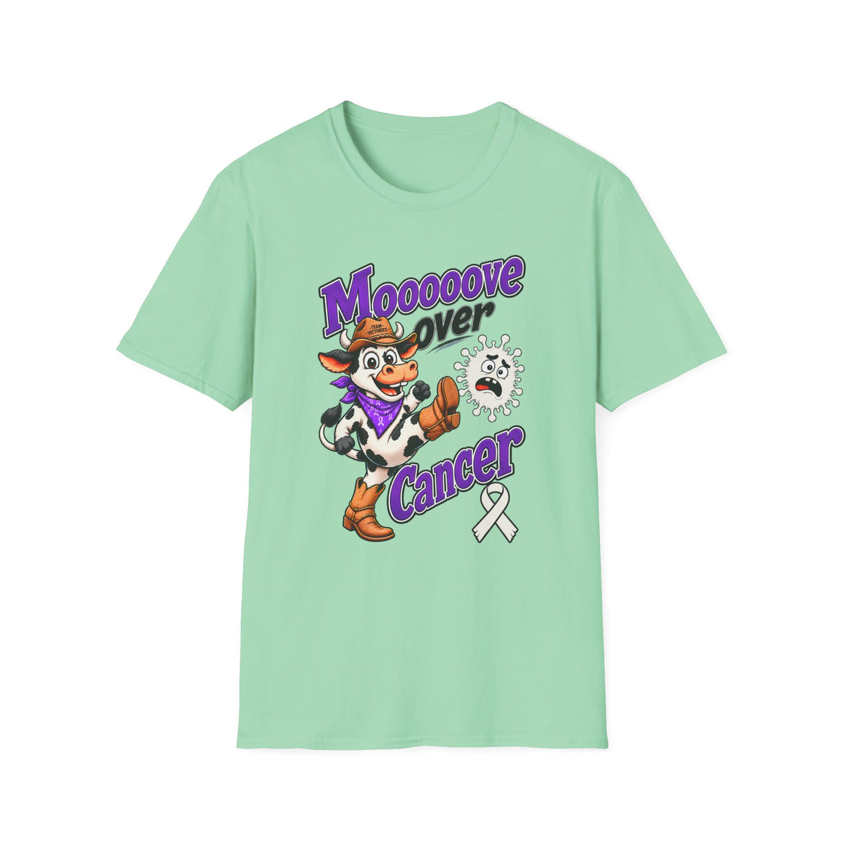 Mint green Moooove Over Cancer T-shirt with playful cow artwork and Lung Cancer awareness ribbon
