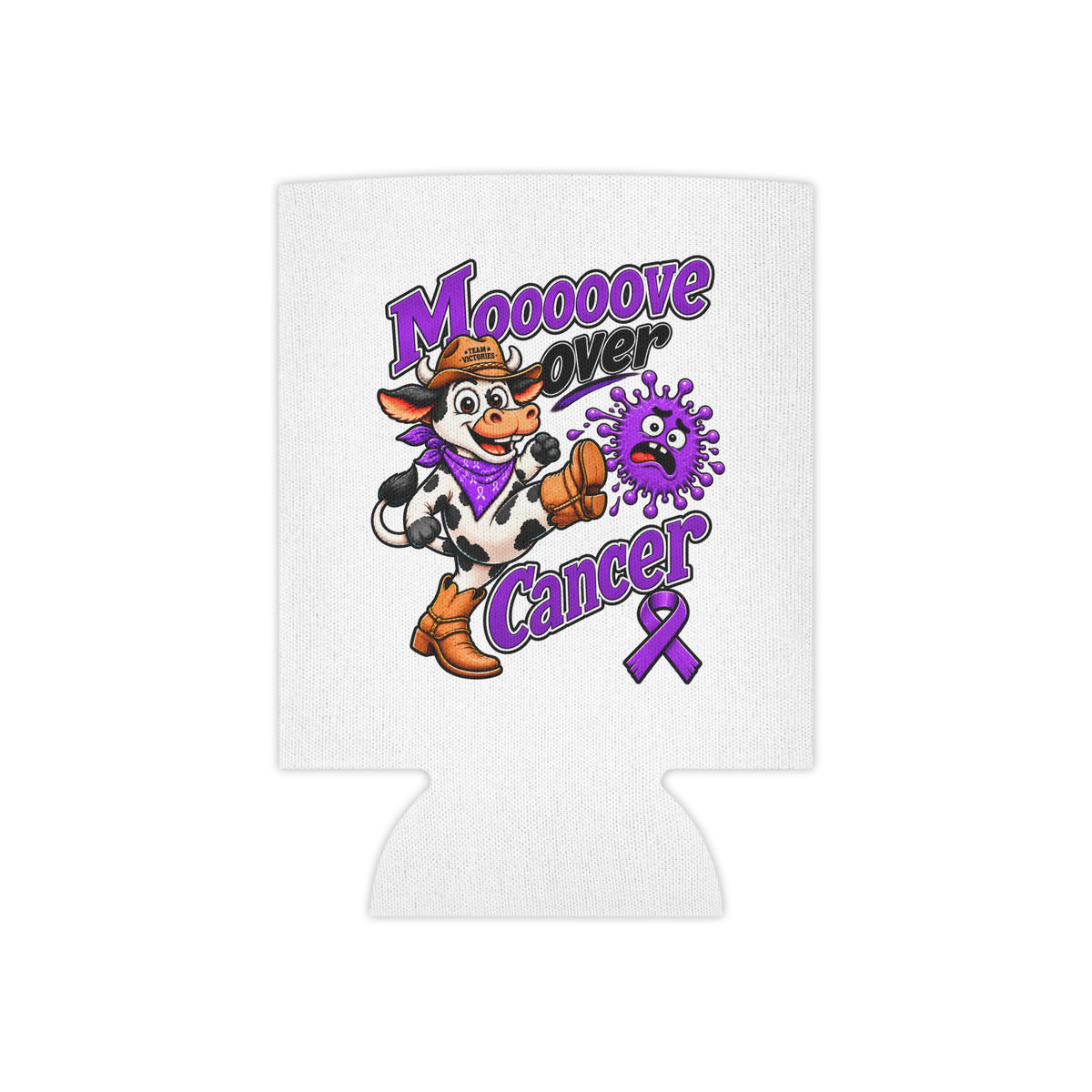 Moooove Over Cancer cow can cooler with purple ribbon artwork