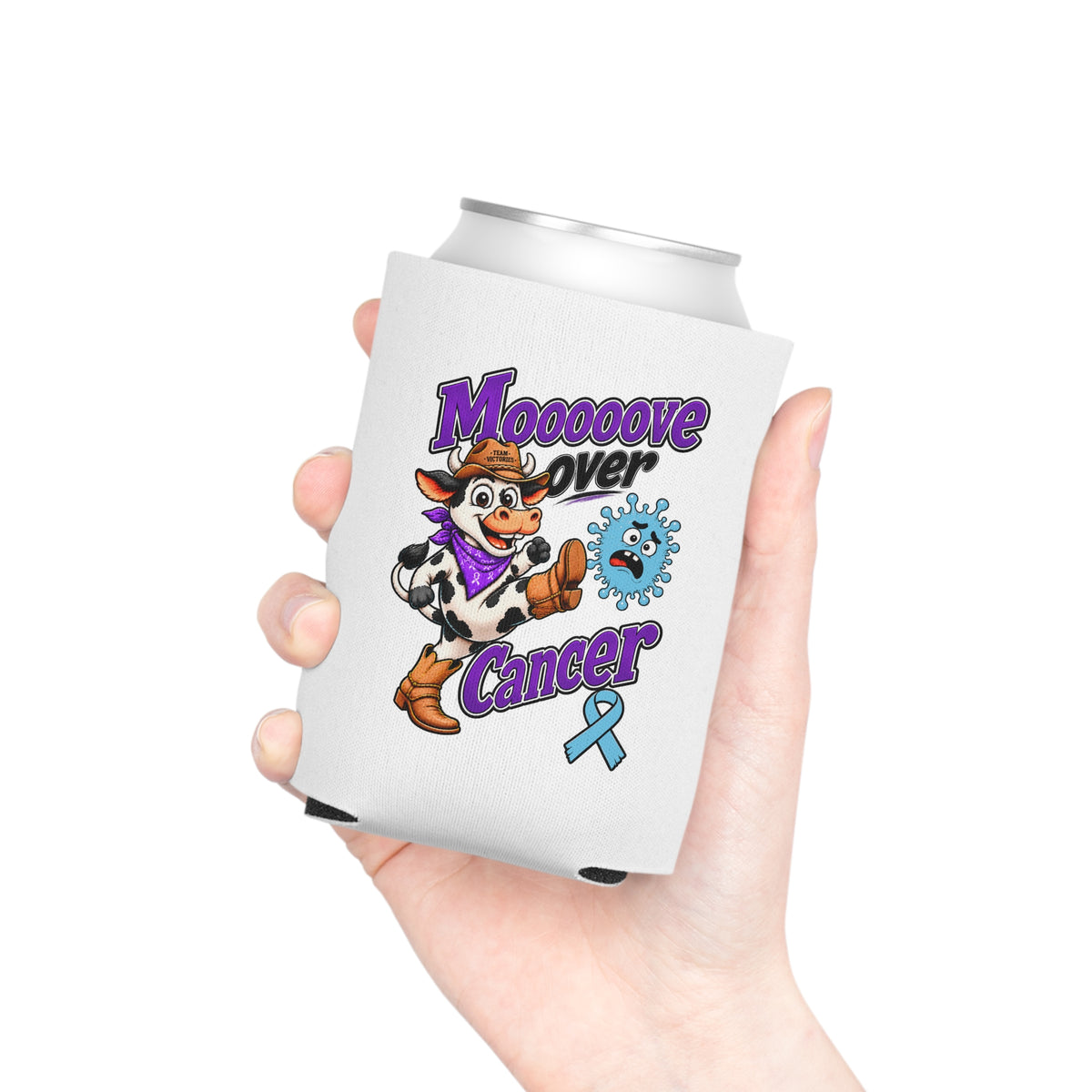 Hand holding the Moooove Over Cancer cow mascot can cooler