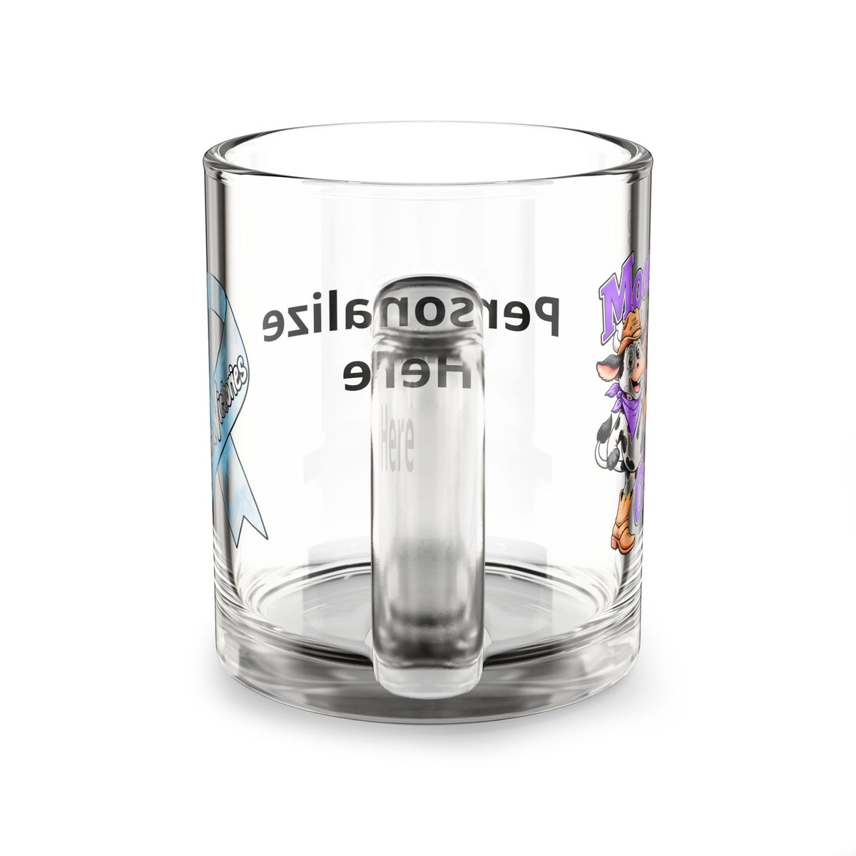 Back view of the Moooove Over Cancer glass mug with personalization area and handle