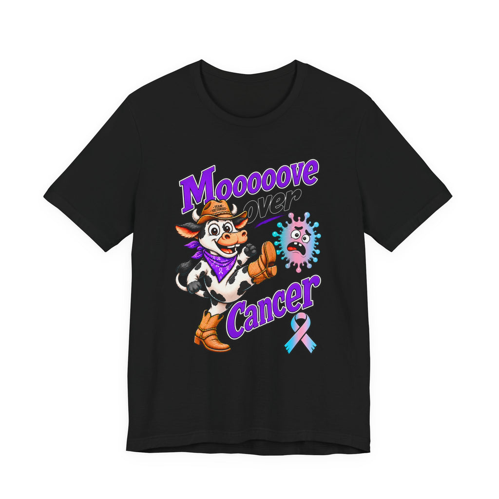 Black Moooove Over Cancer crew-neck shirt with purple lettering and cancer ribbon design