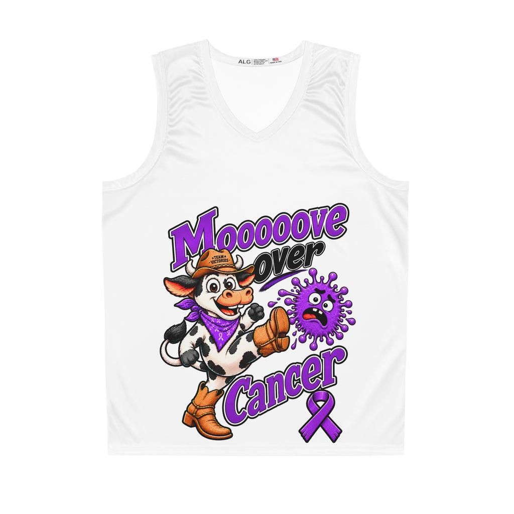 Moooove Over Cancer basketball jersey with cow artwork, basketball, and purple ribbon