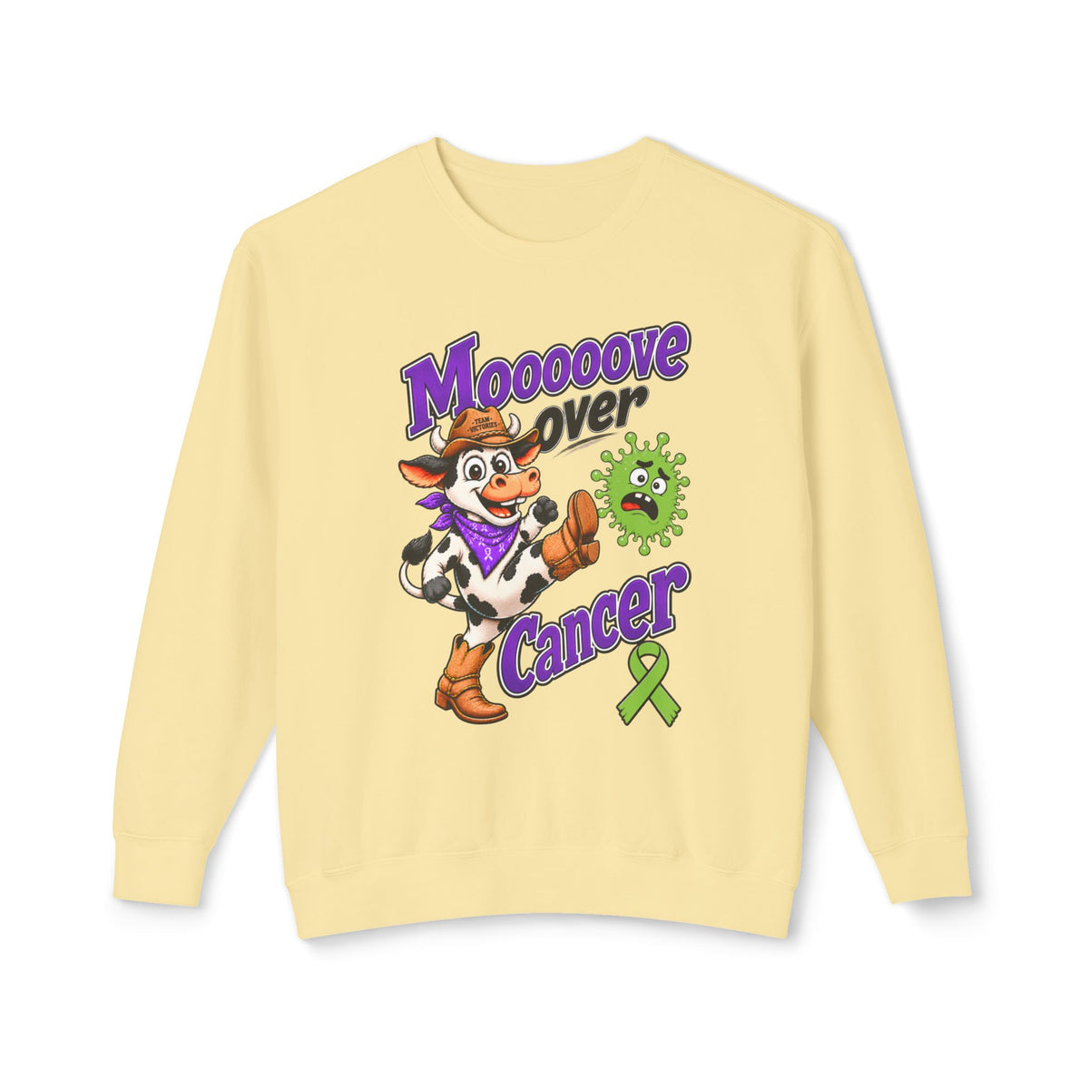 Moooove Over Cancer crewneck sweatshirt in yellow with cow artwork and Non-Hodgkin/Lymphoma Cancer awareness ribbon