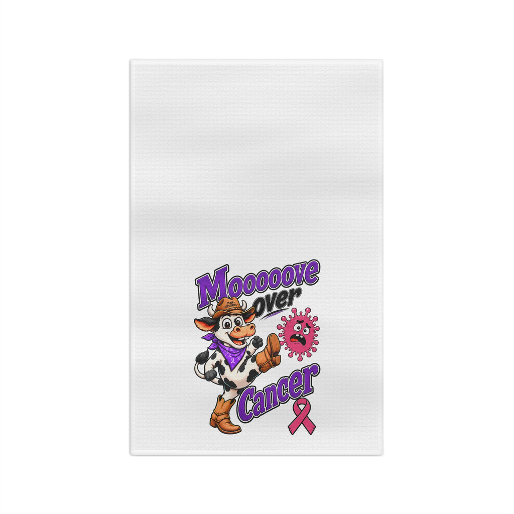 Moooove Over Cancer microfiber tea towel with western cow artwork and pink awareness ribbon