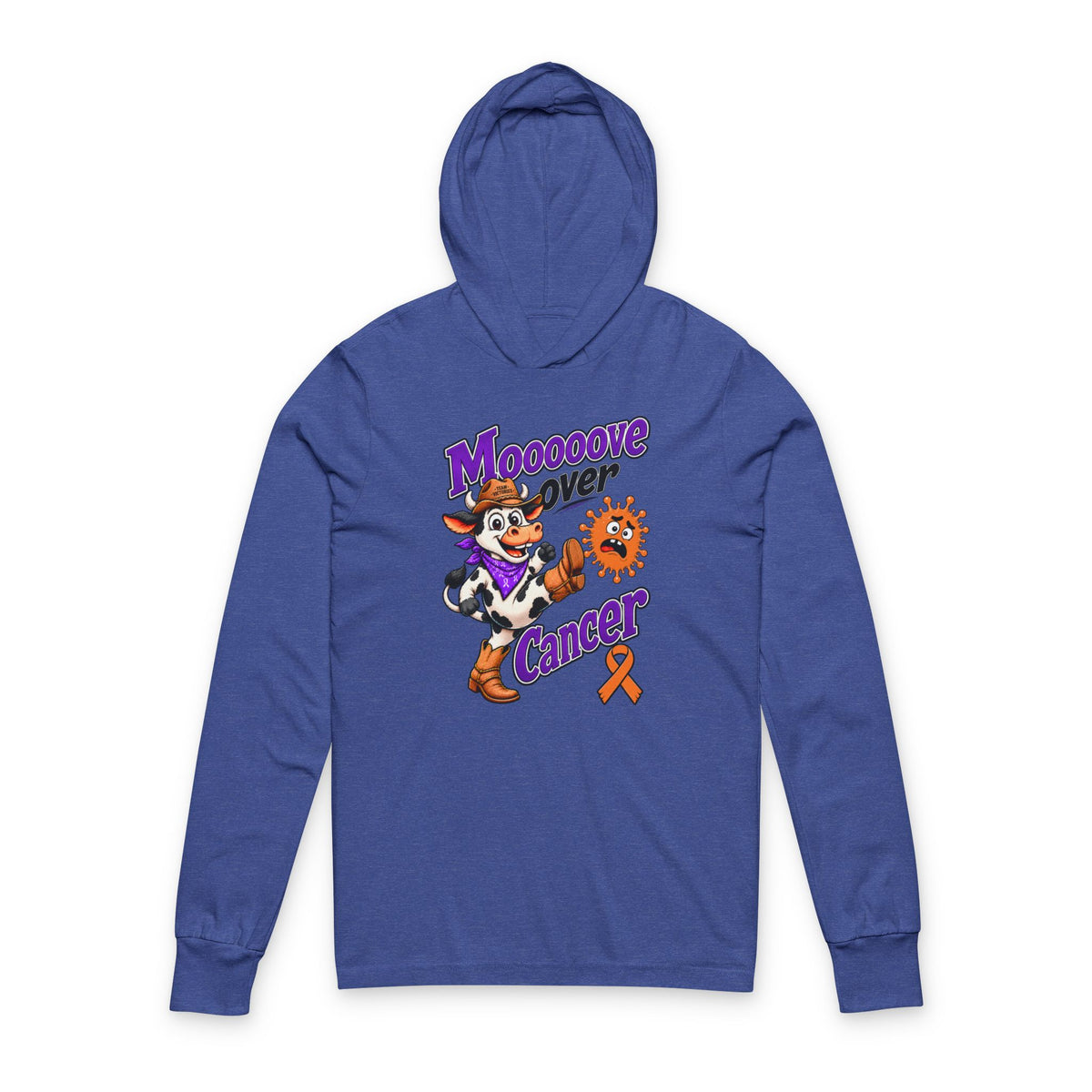 Moooove Over Cancer hooded tee with Leukemia/Kidney Cancer awareness ribbon graphic in blue