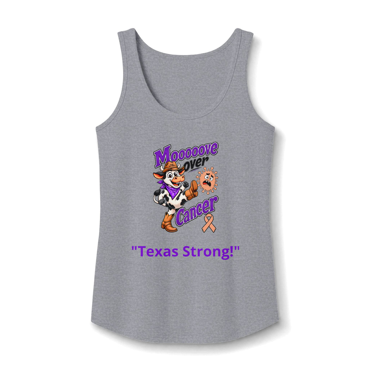 Moooove Over Cancer Texas Strong tank top with peach Uterine Cancer awareness ribbon in heather gray