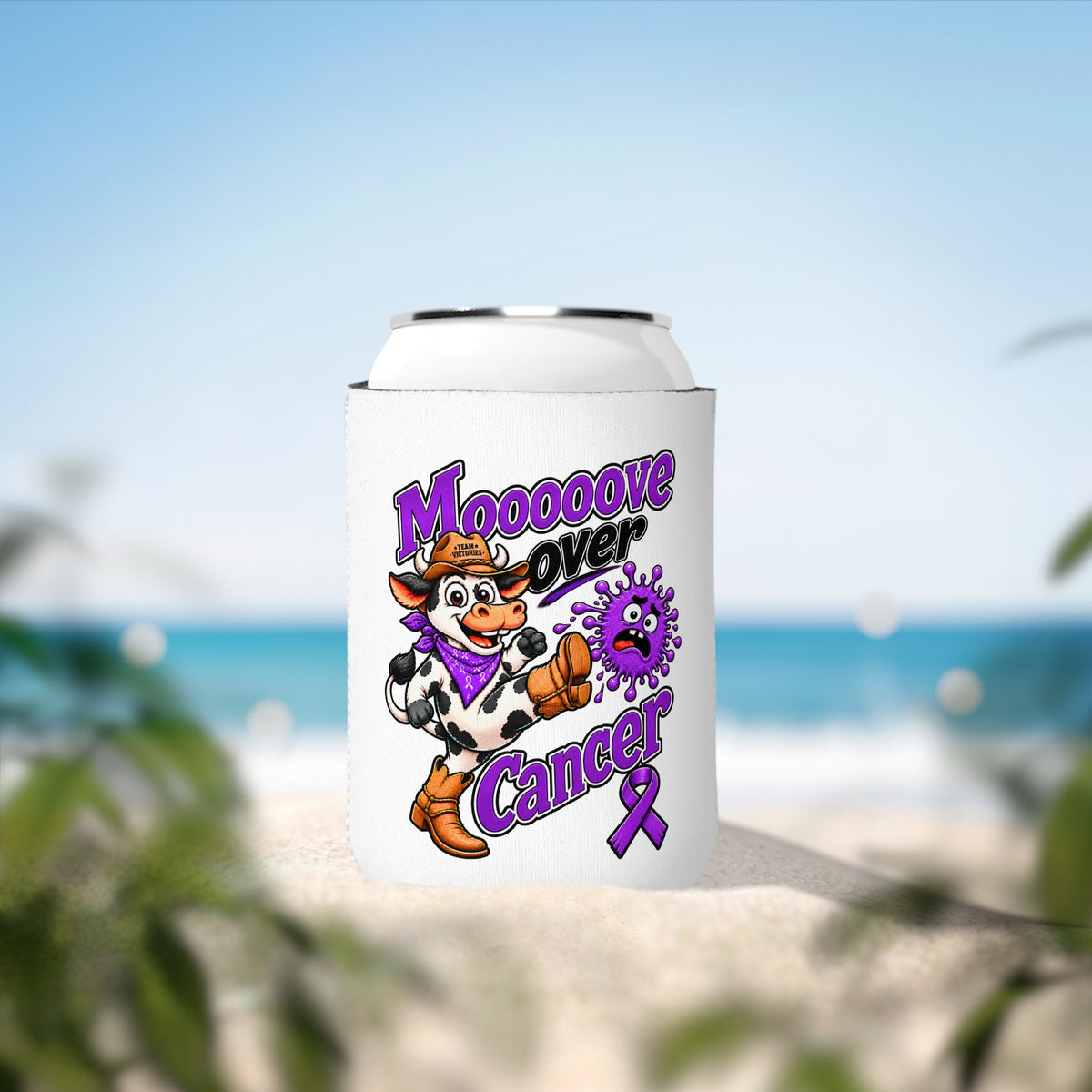 Moooove Over Cancer can cooler sleeve displayed outdoors with cow artwork and awareness design