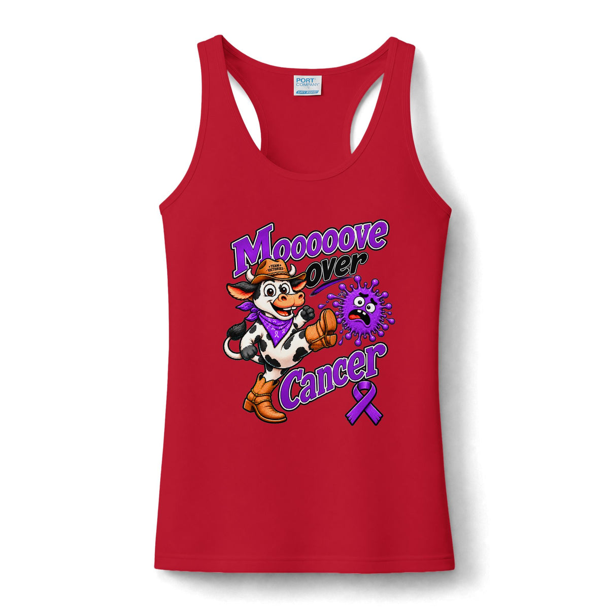 Red Moooove Over Cancer women's tank featuring a Pancreatic Cancer awareness ribbon