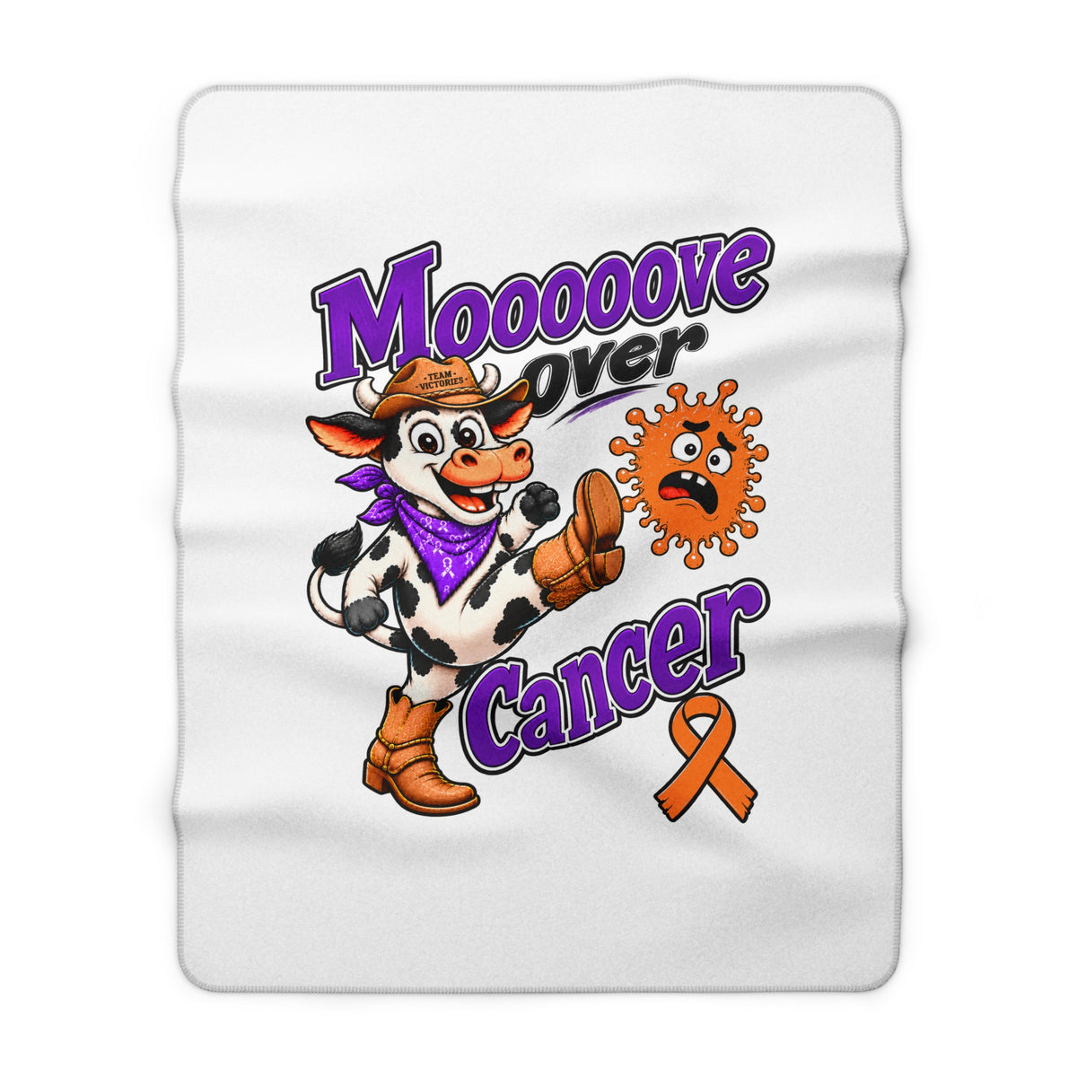 Close view of Moooove Over Cancer sherpa blanket artwork with cow and awareness ribbon