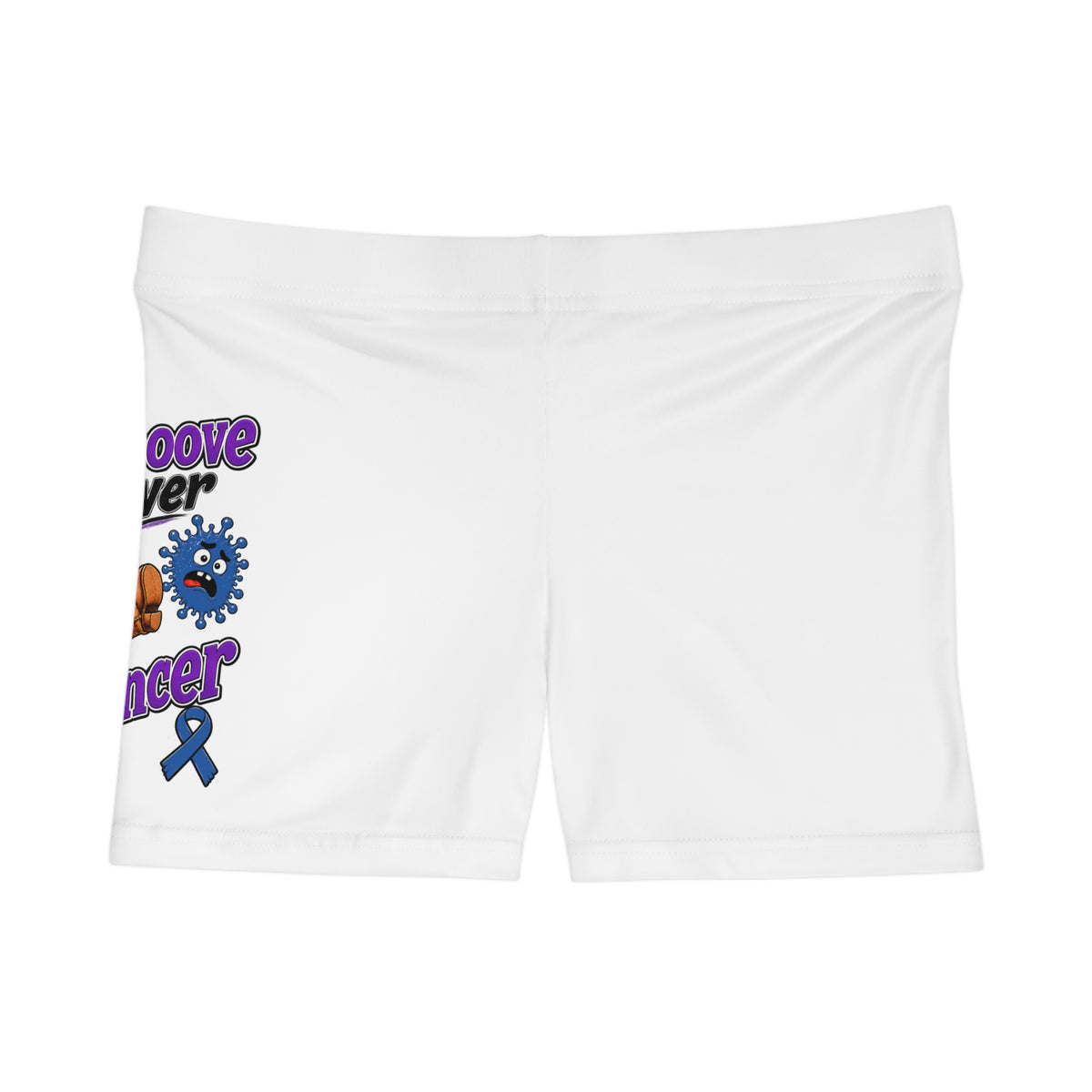Moooove Over Cancer white athletic shorts with cow artwork, purple slogan, and blue ribbon