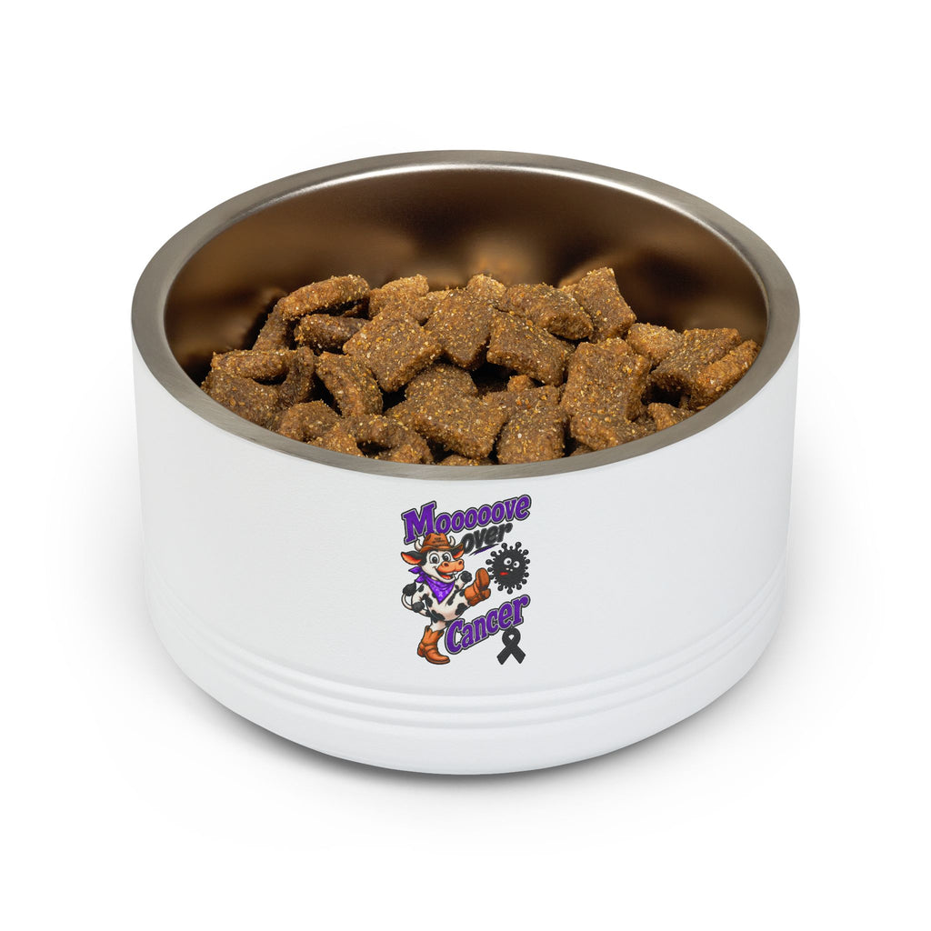 White Mooove Over Cancer pet bowl filled with dry food