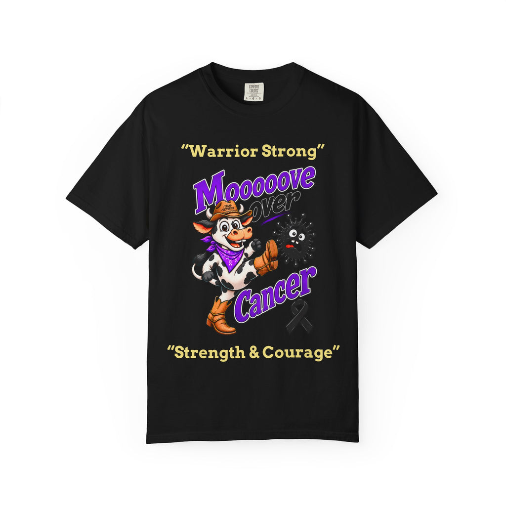 Moooove Over Cancer Warrior Strong T-shirt in black with cow character and awareness ribbon