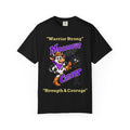 Moooove Over Cancer Warrior Strong T-shirt in black with cow character and awareness ribbon