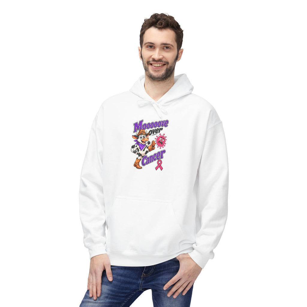 Model wearing a white Moooove Over Cancer hoodie with Breast Cancer awareness artwork