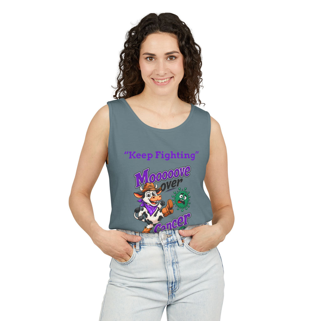 Man modeling a pink Moooove Over Cancer tank top with Liver Cancer awareness ribbon