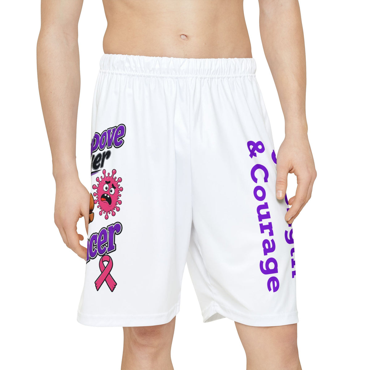Front view of Moooove Over Cancer personalized sports shorts with elastic waistband