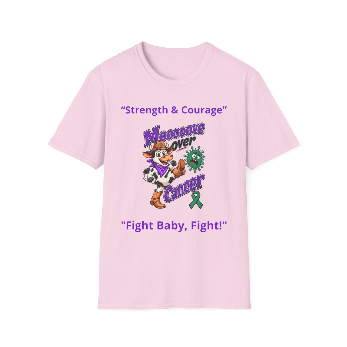Pink Moooove Over Cancer T-shirt with Strength & Courage text and Liver Cancer awareness ribbon