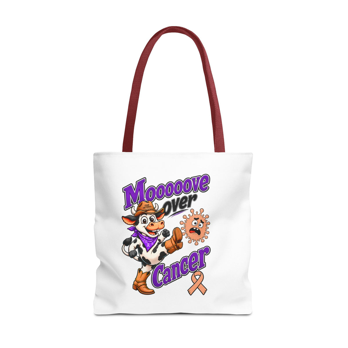 Close front view of Moooove Over Cancer cow design on white tote bag