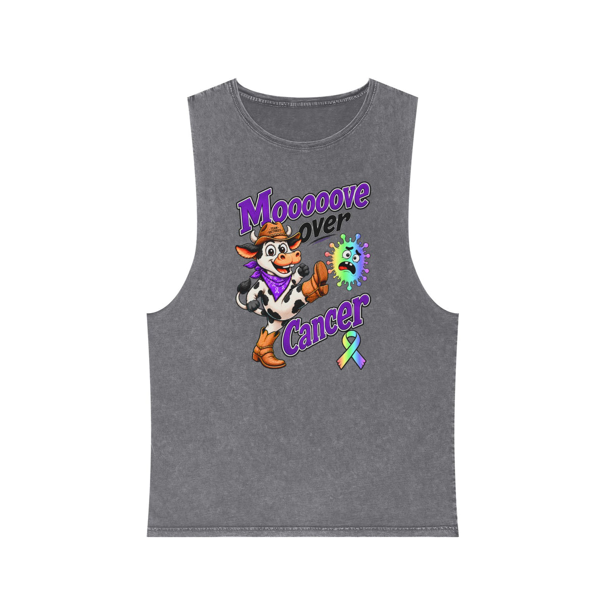 Gray stonewashed Moooove Over Cancer tank top with all-cancer awareness ribbon design