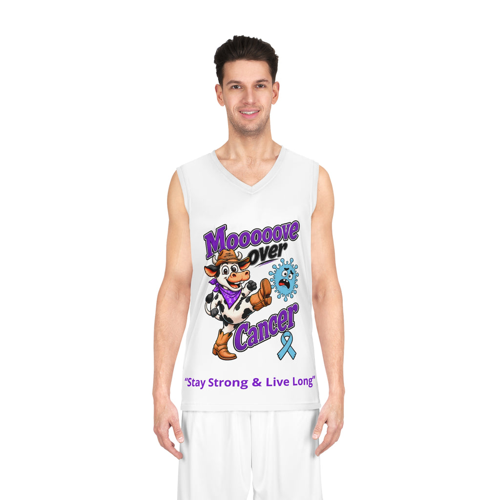 Moooove Over Cancer basketball jersey worn front view with cow artwork and blue ribbon