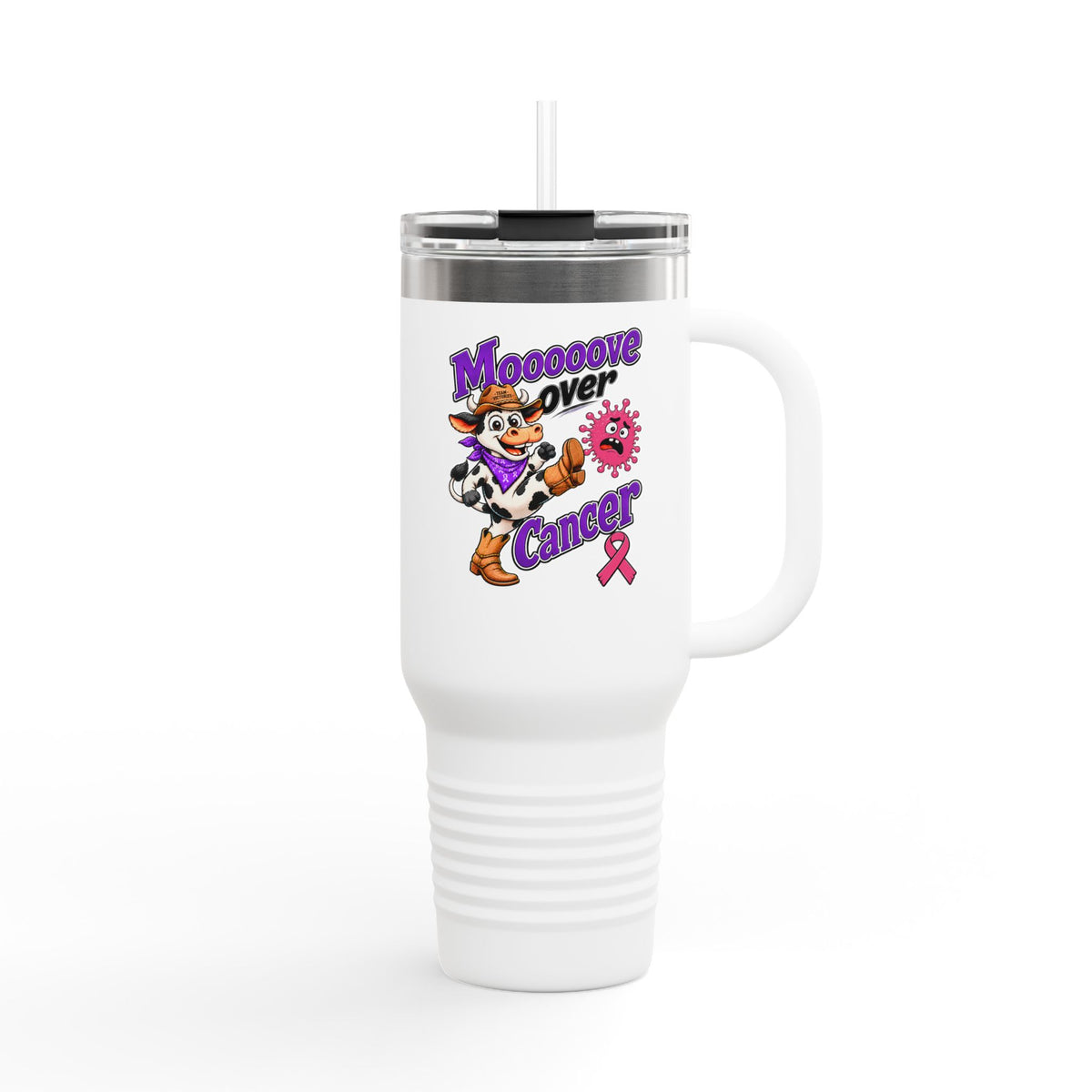 Moooove Over Cancer cow artwork on a 40 oz travel mug with a pink Breast Cancer awareness ribbon
