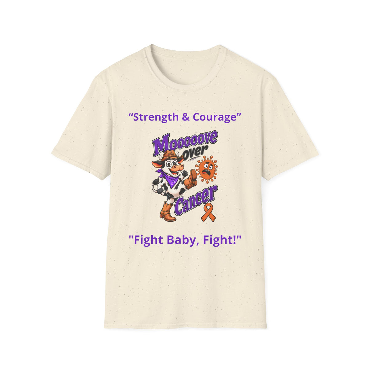 Natural speckled Moooove Over Cancer tee with Fight Baby Fight and Leukemia/Kidney Cancer awareness ribbon