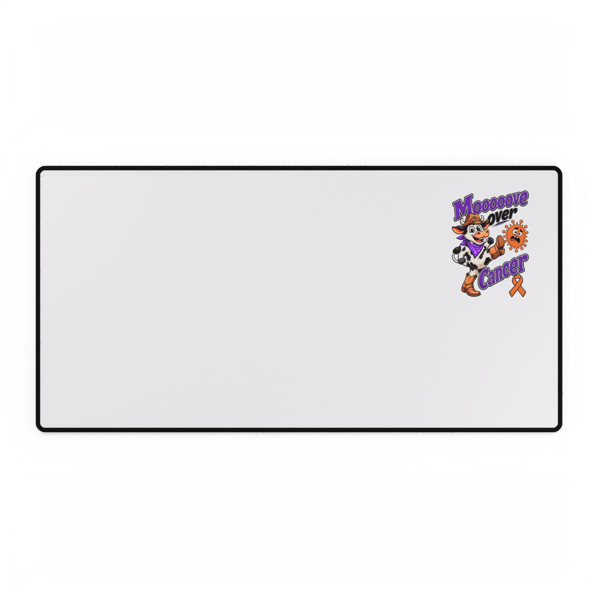 Moooove Over Cancer wide desk mat with colorful cancer awareness artwork