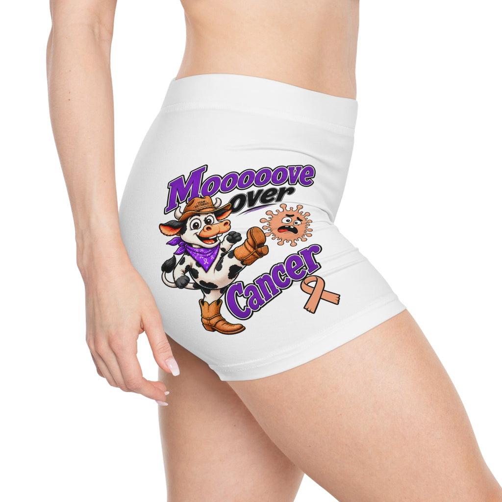 Side view of Moooove Over Cancer women's shorts with cowgirl-cow artwork and awareness ribbon