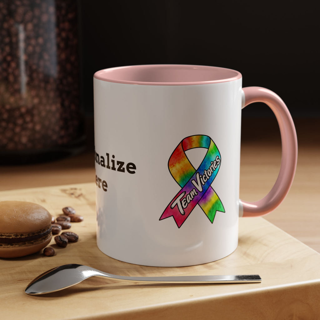 Moooove Over Cancer mug showing character artwork and an all-cancer awareness ribbon