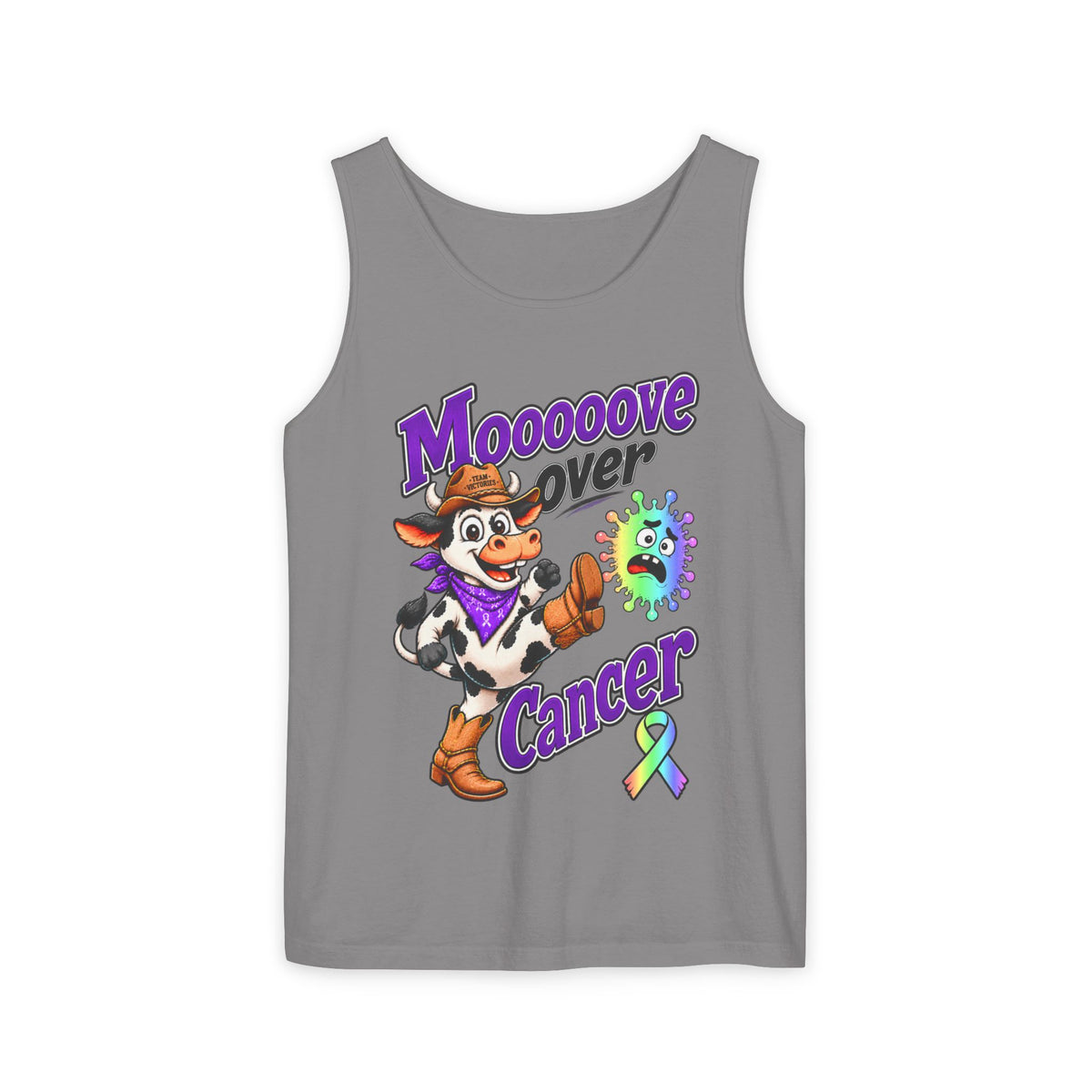 Gray Moooove Over Cancer tank top with cowgirl design and all-cancer awareness ribbon