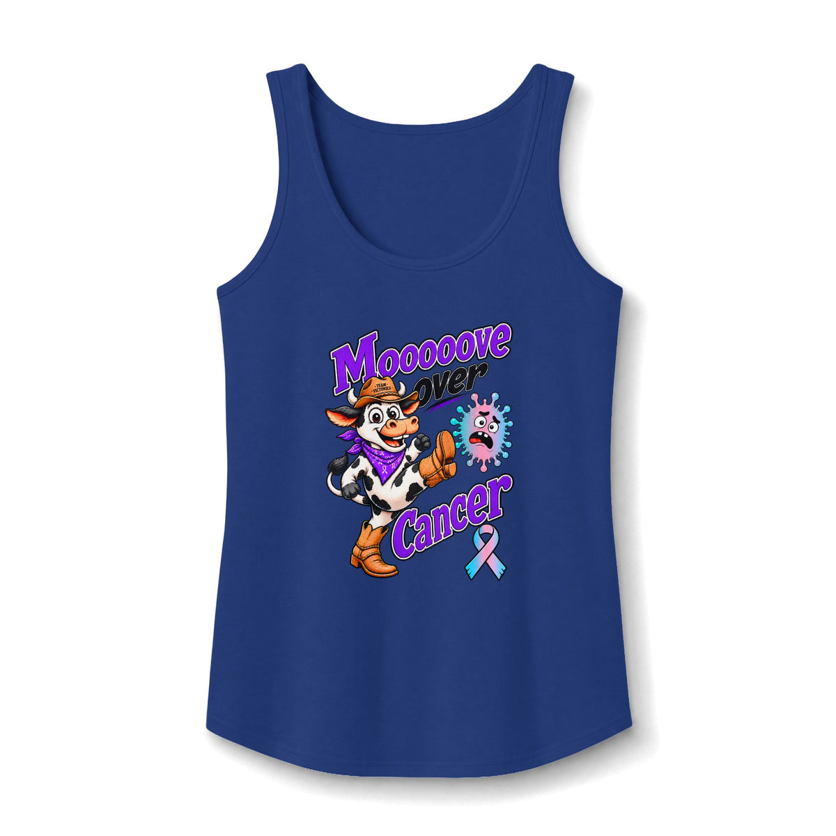 Moooove Over Cancer tank top in royal blue with a Thyroid Cancer awareness ribbon design