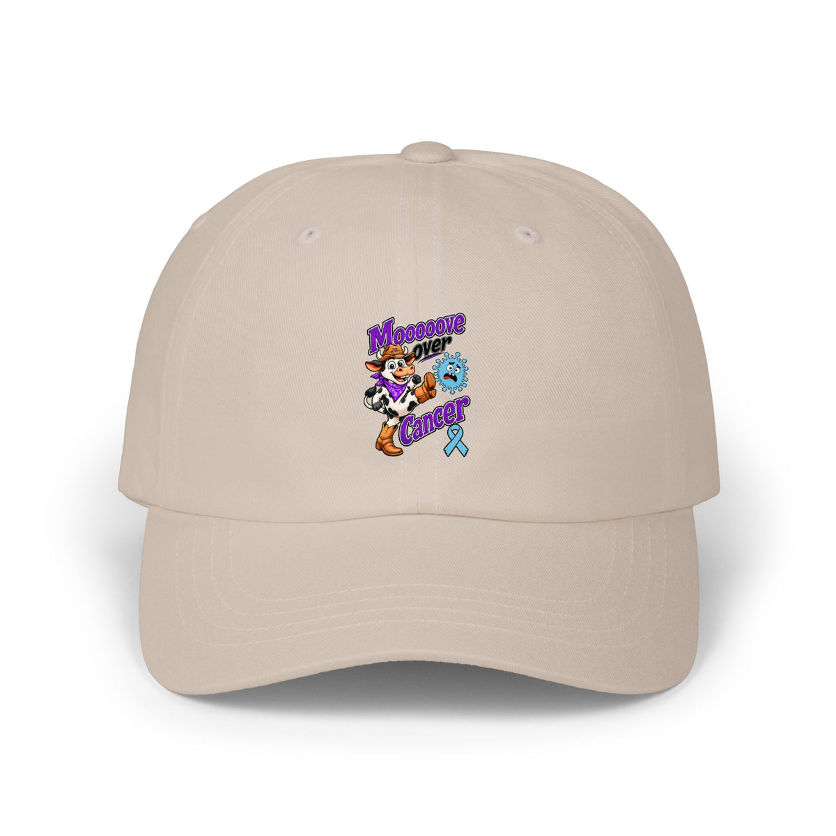 Rear view of white adjustable Moooove Over Cancer dad cap with buckle strap