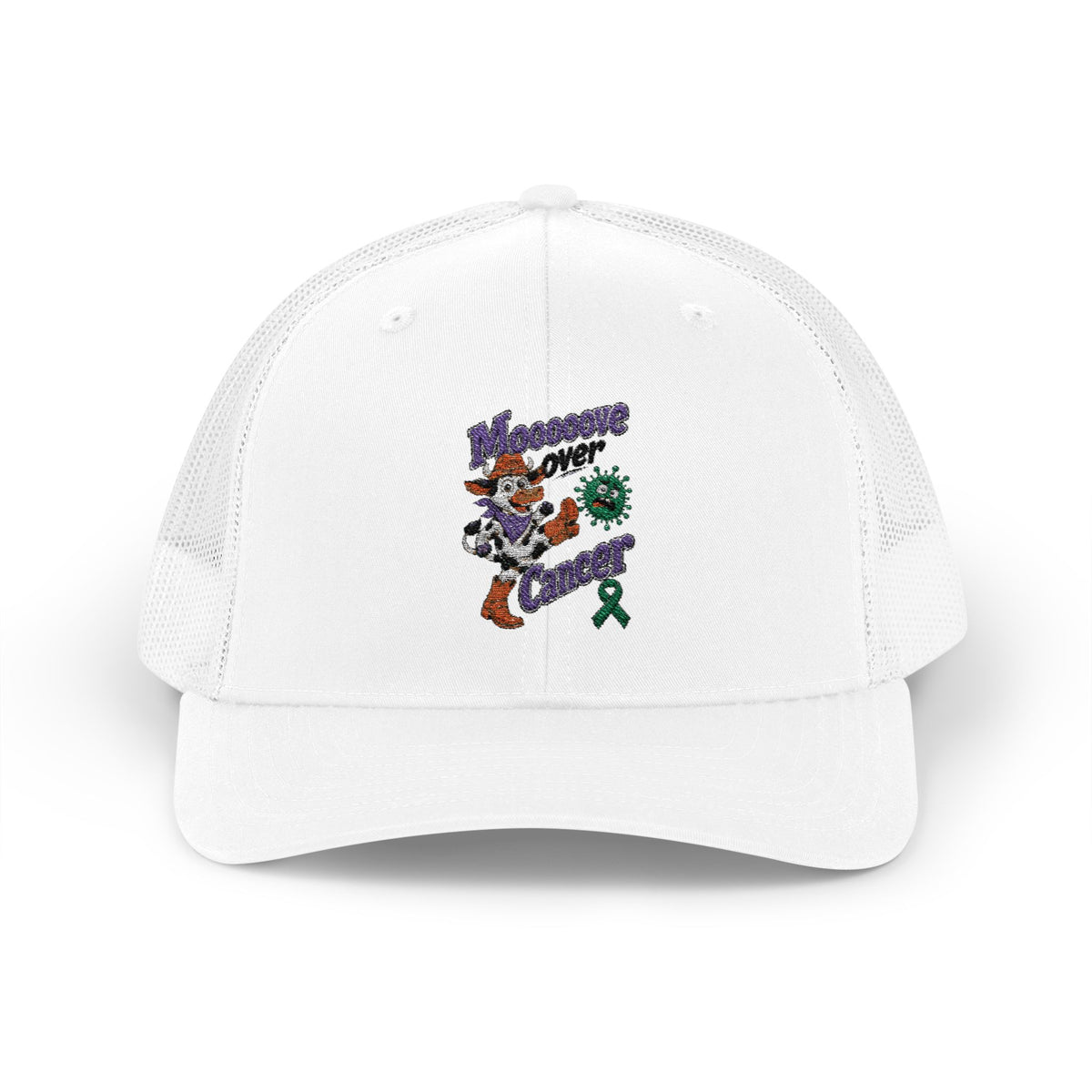 Moooove Over Cancer trucker hat worn from the front with Liver Cancer awareness artwork