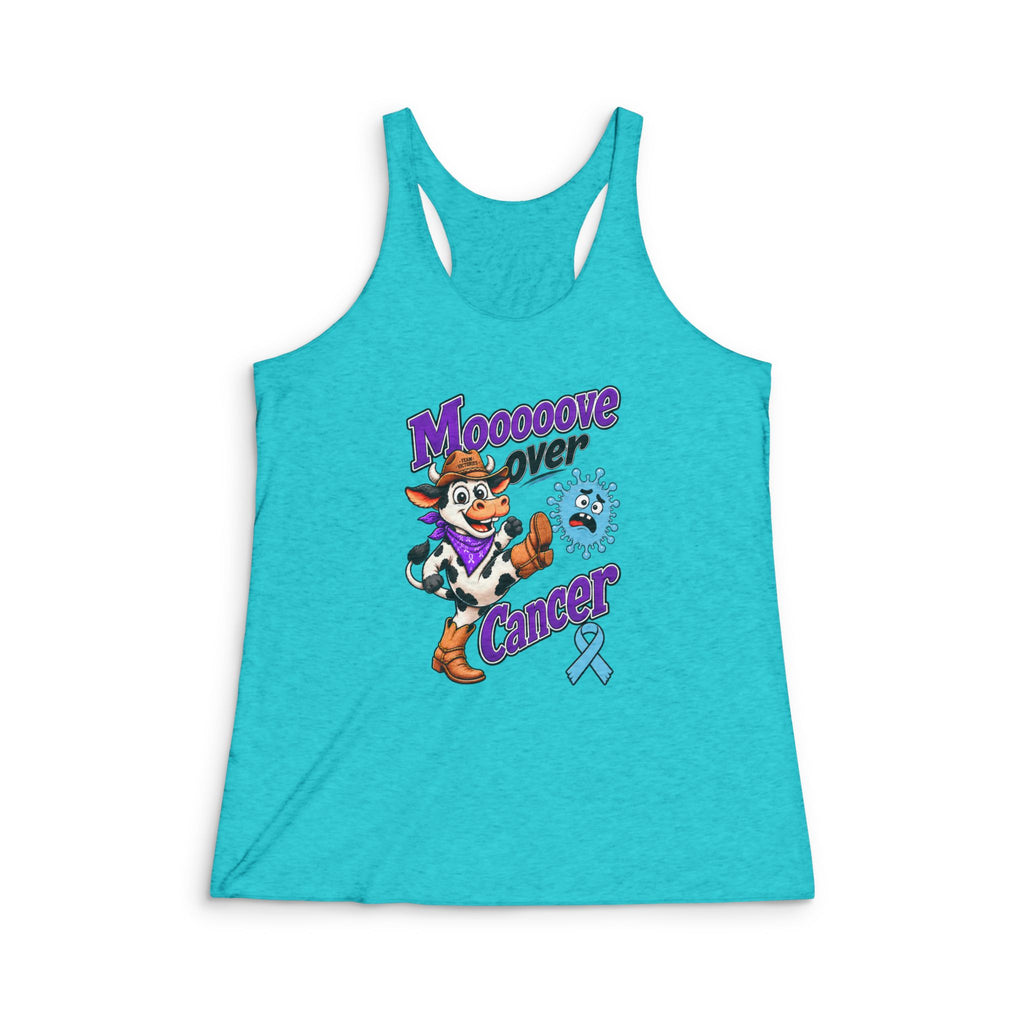 Turquoise Moooove Over Cancer racerback tank with a blue Prostate Cancer awareness ribbon