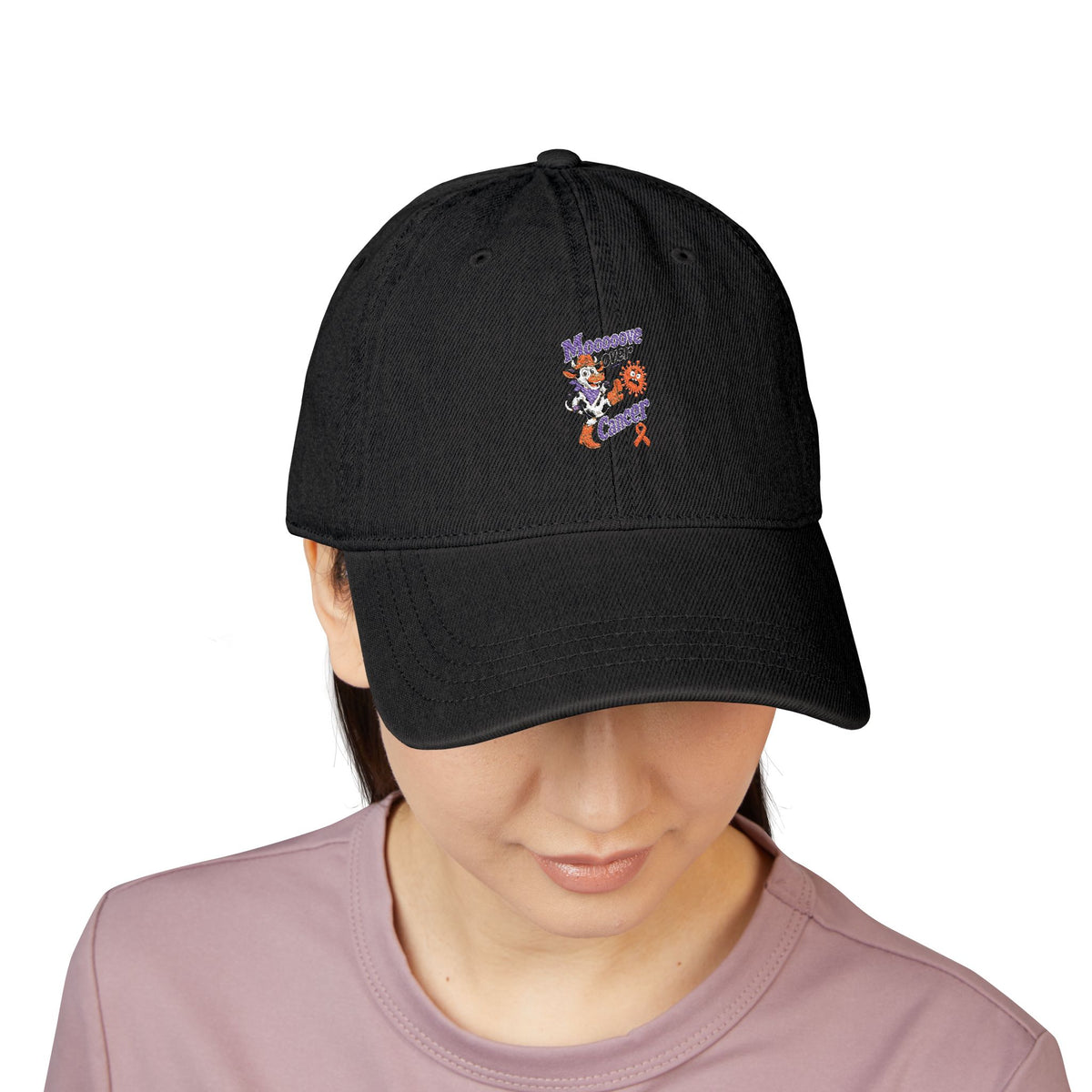 Black Moooove Over Cancer embroidered denim hat shown worn from the front