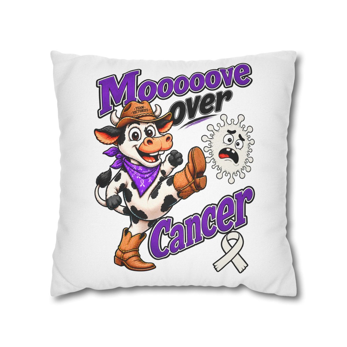 Front view of Moooove Over Cancer pillowcase with cow and Lung Cancer awareness ribbon