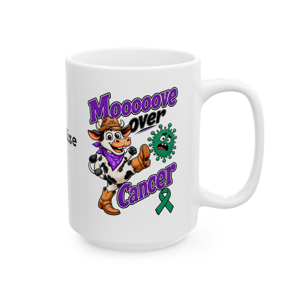 Moooove Over Cancer cow artwork and Liver Cancer awareness ribbon on a ceramic mug
