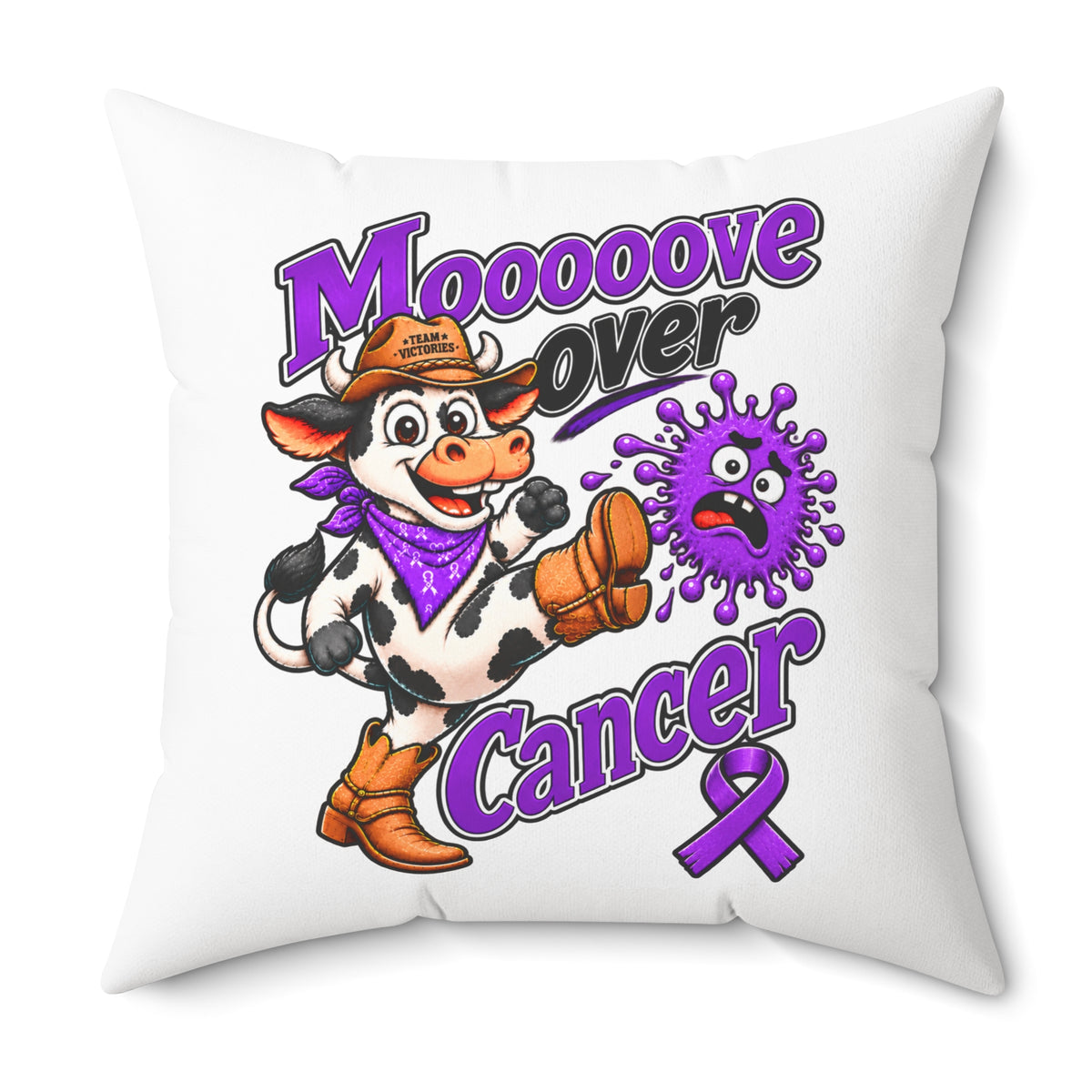 Team Victories purple Pancreatic Cancer awareness ribbon design on a white throw pillow