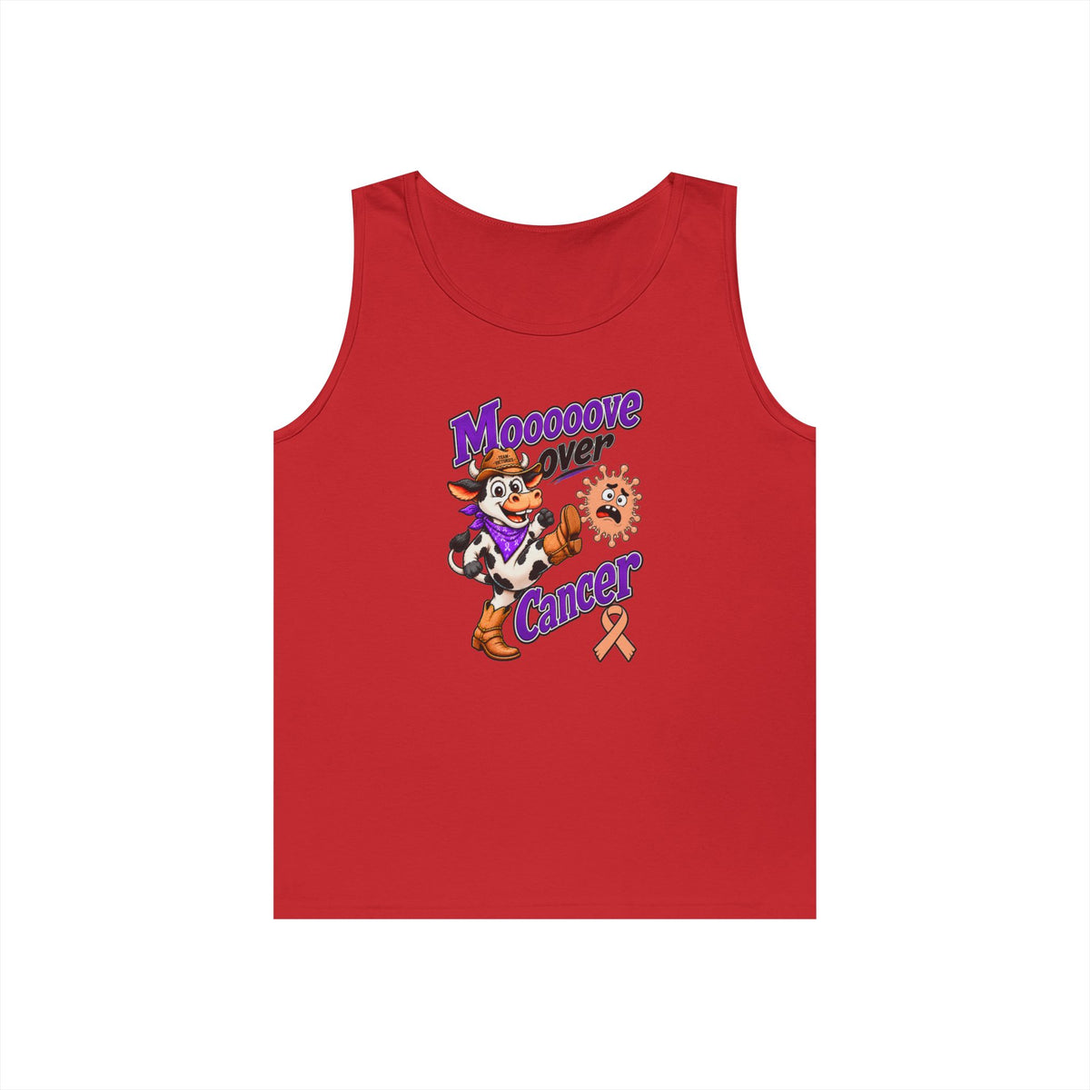 Red Moooove Over Cancer tank top with cow artwork and Uterine Cancer awareness ribbon