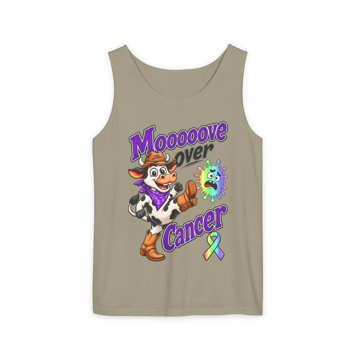 Olive Moooove Over Cancer tank top with cowgirl design and all-cancer awareness ribbon