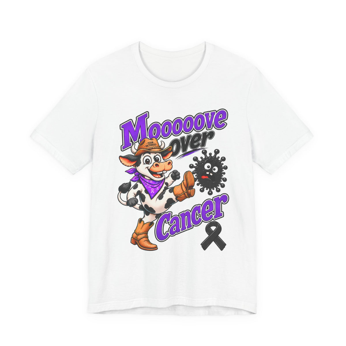 White Moooove Over Cancer T-shirt with cow graphic and Melanoma Cancer awareness ribbon