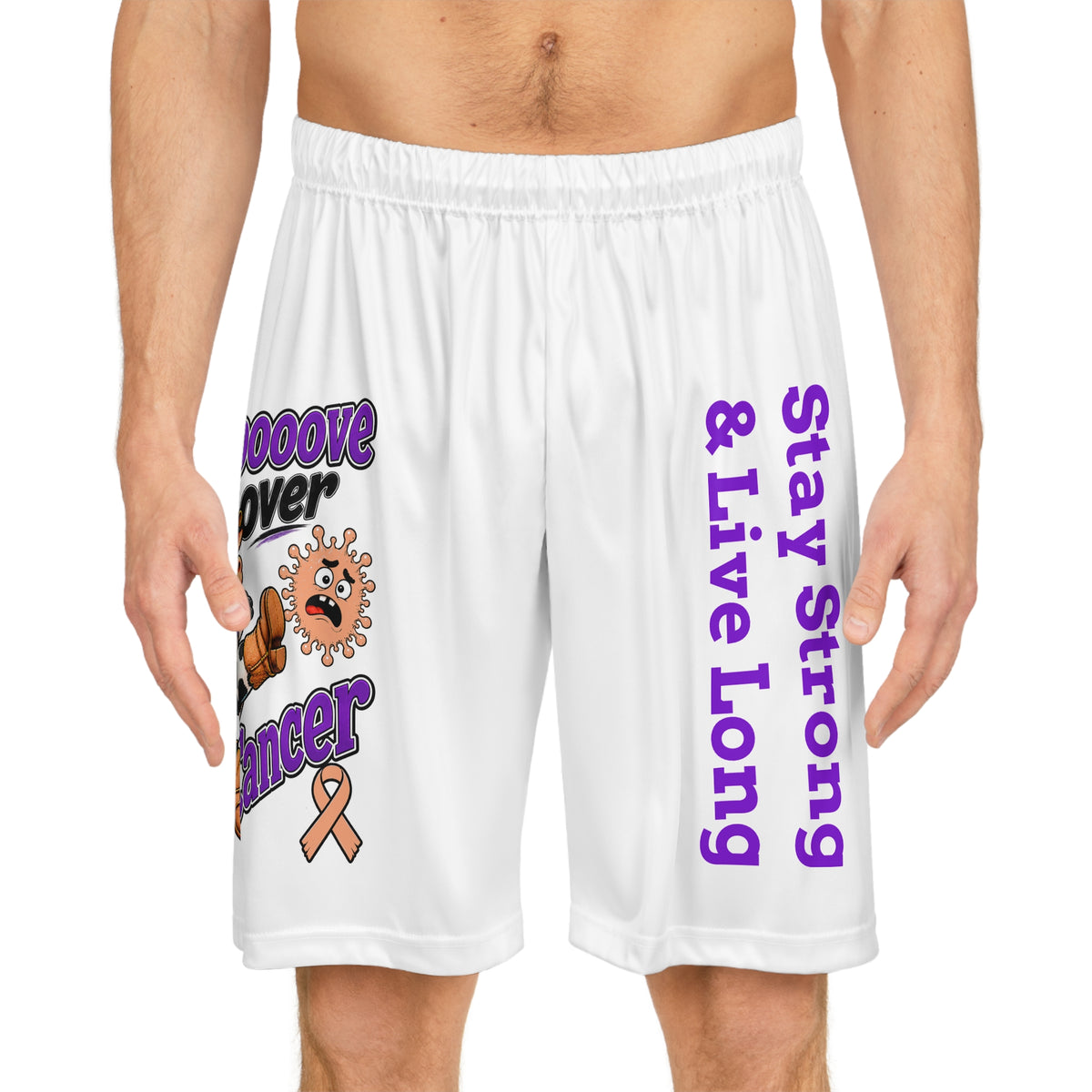 Front view of Moooove Over Cancer basketball shorts worn with orange ribbon artwork